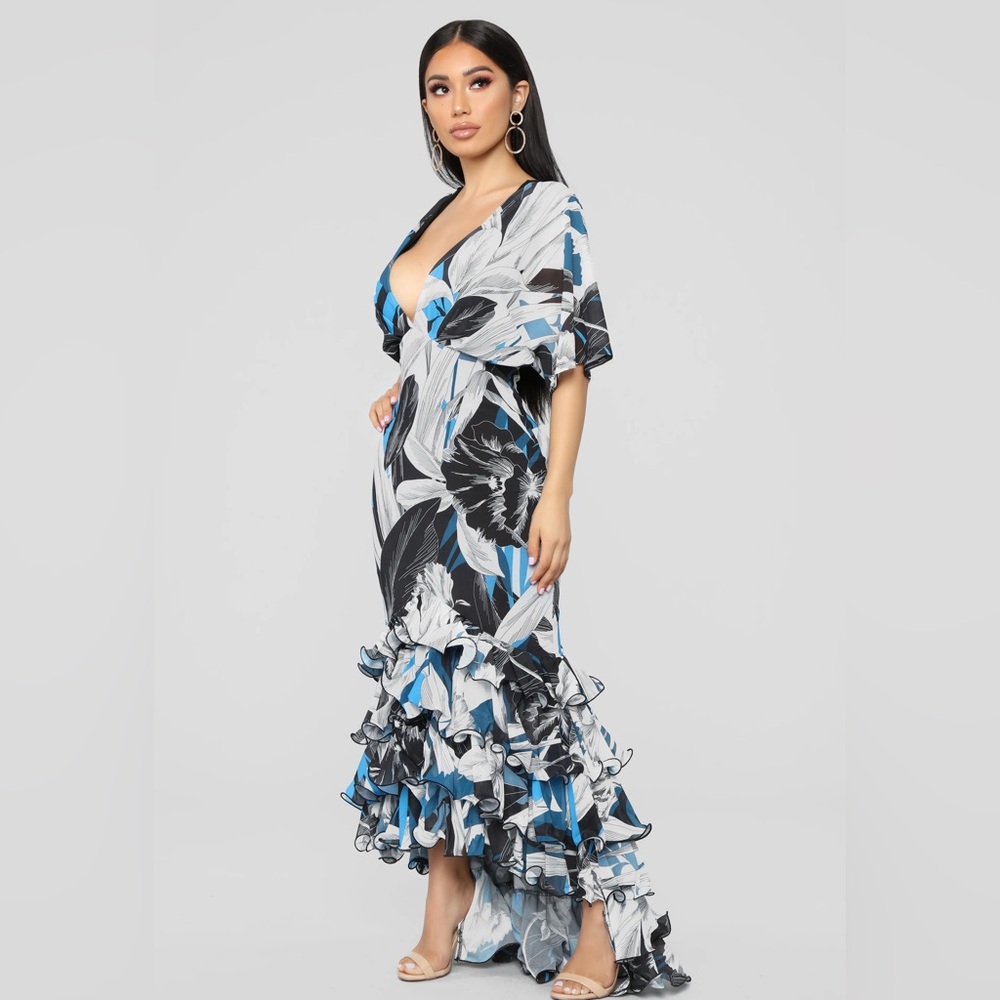 Elegant Blue Floral Women's Dress